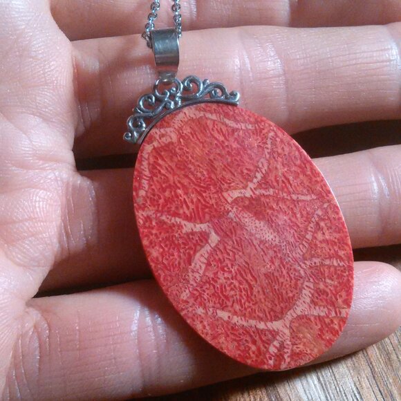 Red Sponge Coral Sterling Silver Pendant Stainless Steel Necklace - Picture 13 of 14